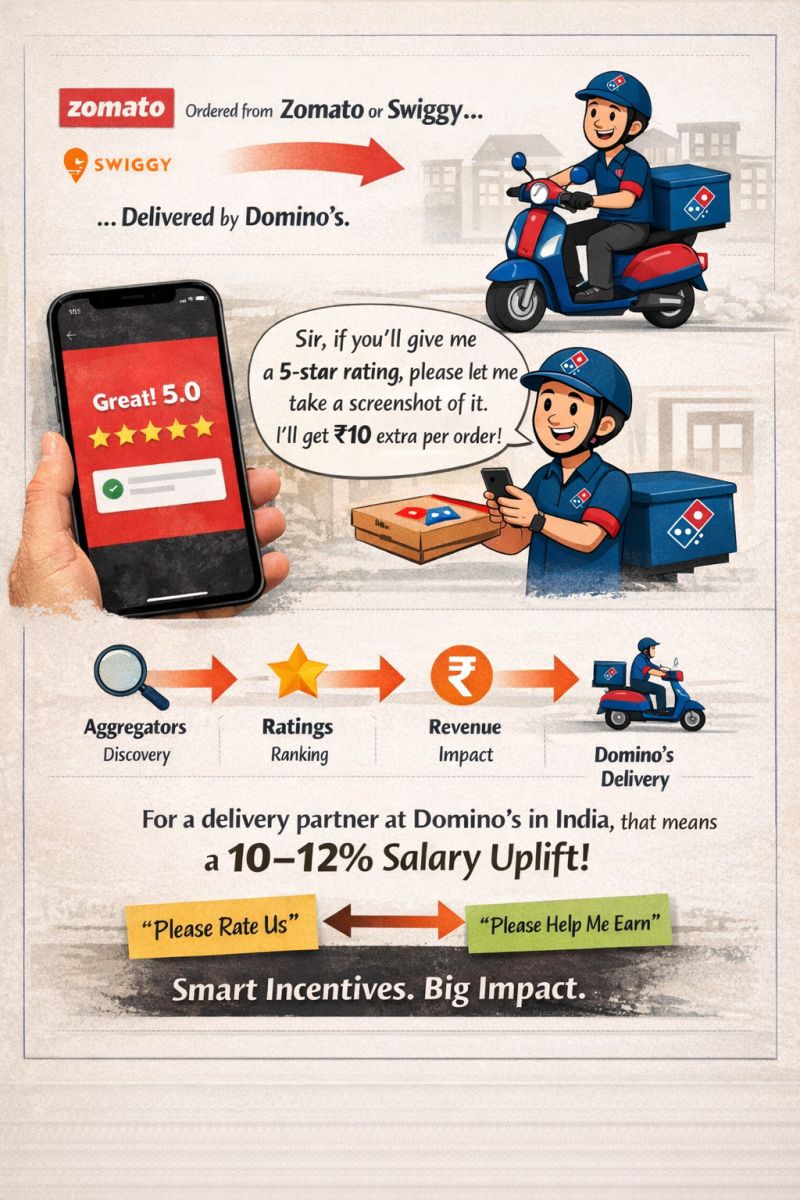 Domino's behavioral design infographic — from Please Rate Us to Please Help Me Earn